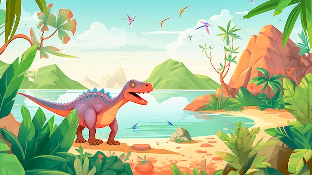 Fun with cartoon dinosaur in the jungle background Jurrasic park themed vector illustration