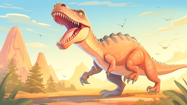 Fun with cartoon dinosaur in the jungle background Jurrasic park themed vector illustration