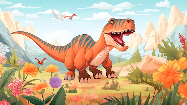 Fun with cartoon dinosaur in the jungle background Jurrasic park themed vector illustration