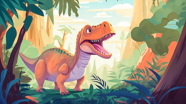 Fun with cartoon dinosaur in the jungle background Jurrasic park themed vector illustration