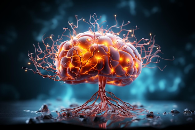 Functional brain in a photorealistic pastiche illuminated by lightning on blue backdrop