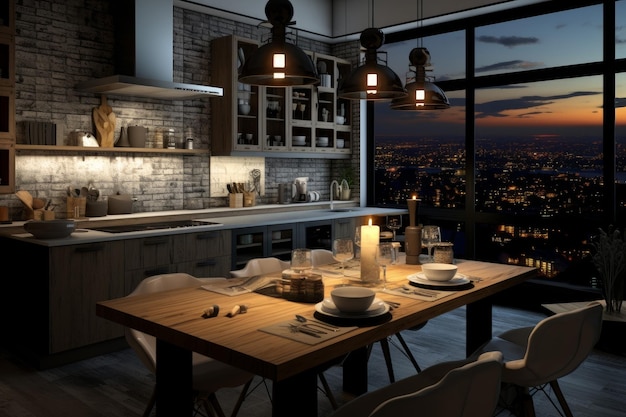 Functional Modern kitchen interior evening Generate Ai