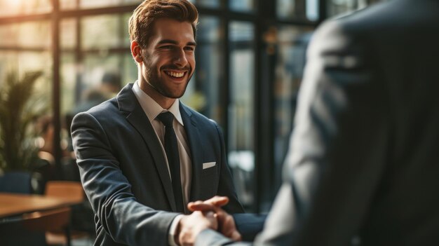 Photo fund manager wearing suit deal with partner business