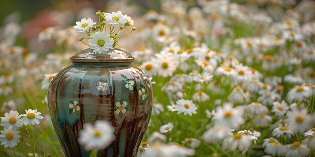 Funeral Ceremony with White Flowers and Urn Ashes at the Cemetery Concept Funeral Ceremony White Flowers Urn Ashes Cemetery Service