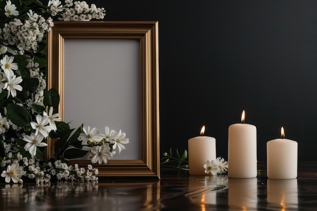 Funeral display with candles and flowers on black table