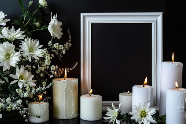 Funeral display with candles and flowers on black table