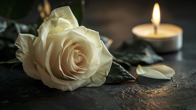 For a funeral notification or obituary a white rose with a burning candle on a black background is used Conceptual Mourning Ceremony White Rose Candle Obituary Generative AI