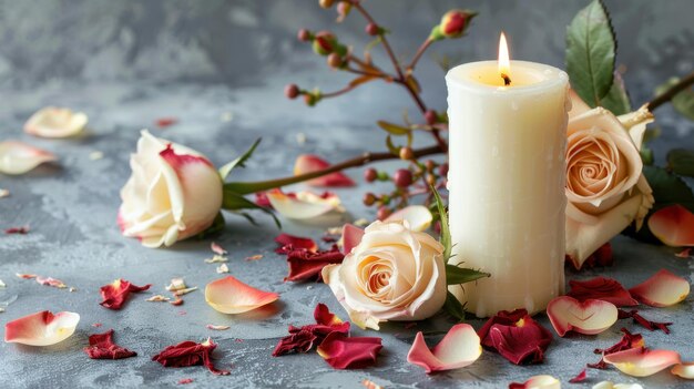 Photo funeral tribute with a white candle roses and scattered flower petals