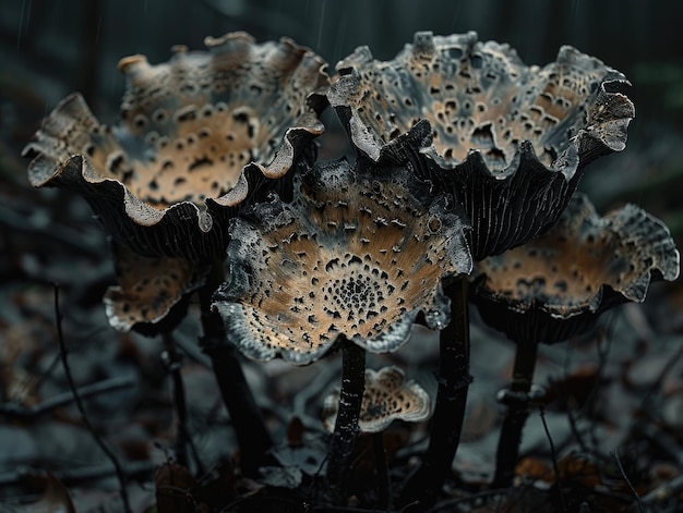 Photo fungal kingdom mystique damp darkness closeup of intricate mushroom caps emerging from the forest floor ar 43 style raw stylize 250 job id e5adcb593dc0428d8ea68a7d4da340ee