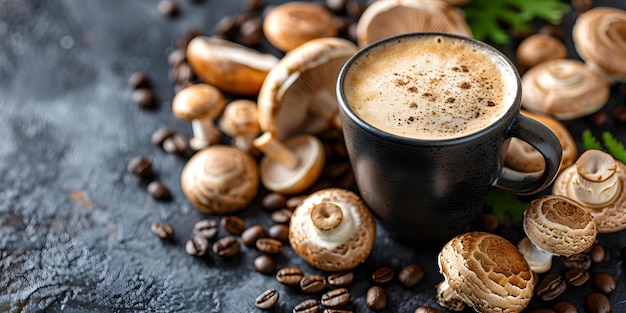 Photo fungi fusion mushroom coffee with fresh mushrooms and organic beans concept mushroom coffee fungi fusion fresh mushrooms organic beans