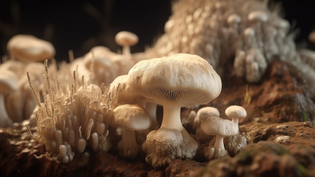 Fungi and Mycelium Outdoors in Natural Habitat CloseUp AI Generative