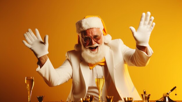 Photo funky dj santa claus at christmas party dancing in stylish xmas attire on bright yellow background