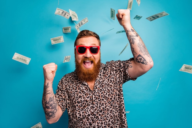 funky excited man celebrate lottery jackpot victory