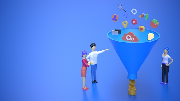 Funnel generation sales 3d render illustration Social media marketing and generating new leads