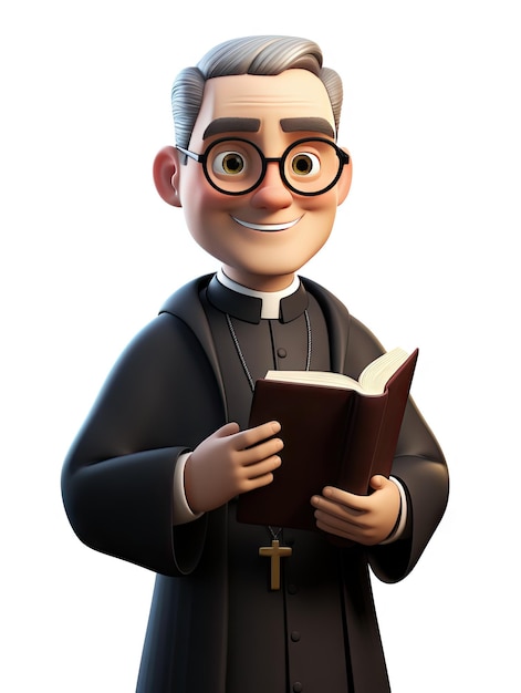 Photo funny 3d cartoon catholic priest character smiling man holding bible children's illustration