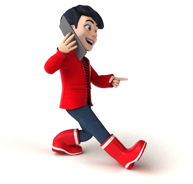 Funny 3D cartoon teenage boy with a phone