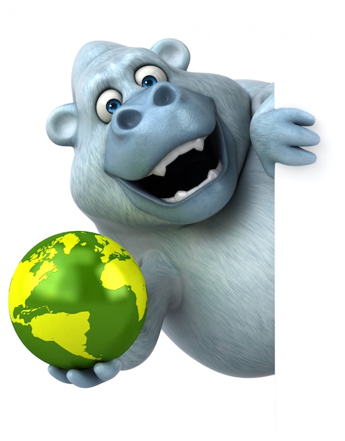 Funny 3d fat gorilla character holding a small planet earth