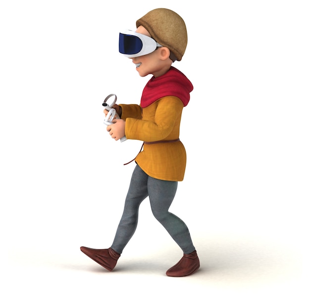 Funny 3D Illustration of a medieval man with a VR Helmet