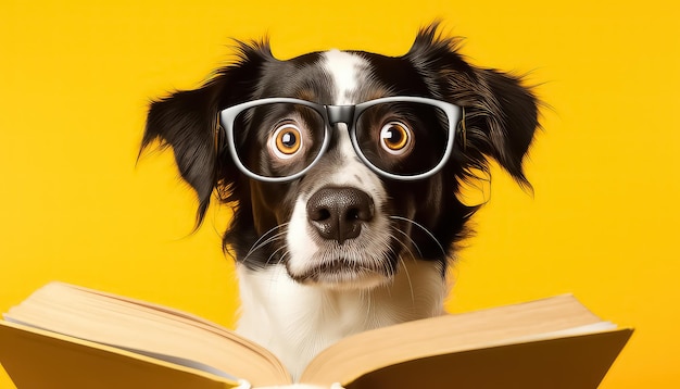 Funny amazed dog wear glasses with book on yellow background