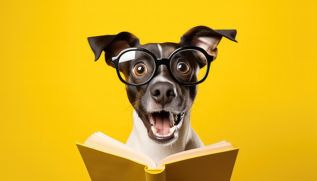 Funny amazed dog wear glasses with book on yellow background