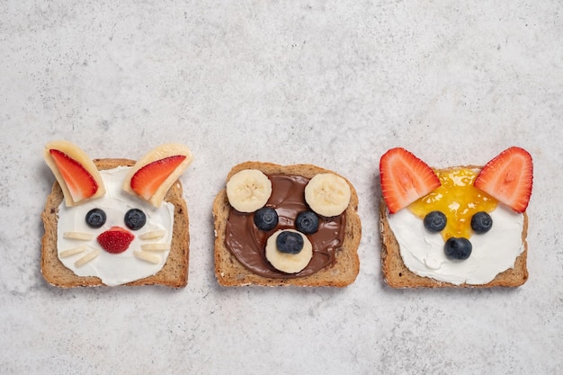 Funny animal faces toasts with spreads butters banana strawberry and blueberry