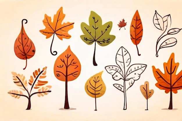 Funny autumn season leaf drawing illustration set Hand drawn tree shapes on isolated background