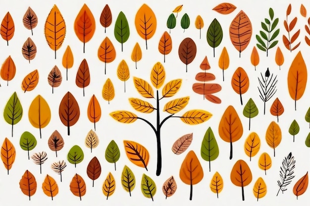 Funny autumn season leaf drawing illustration set Hand drawn tree shapes on isolated background