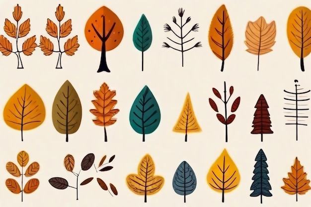 Funny autumn season leaf drawing illustration set Hand drawn tree shapes on isolated background