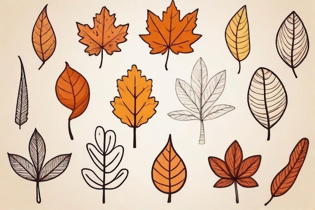 Funny autumn season leaf drawing illustration set Hand drawn tree shapes on isolated background