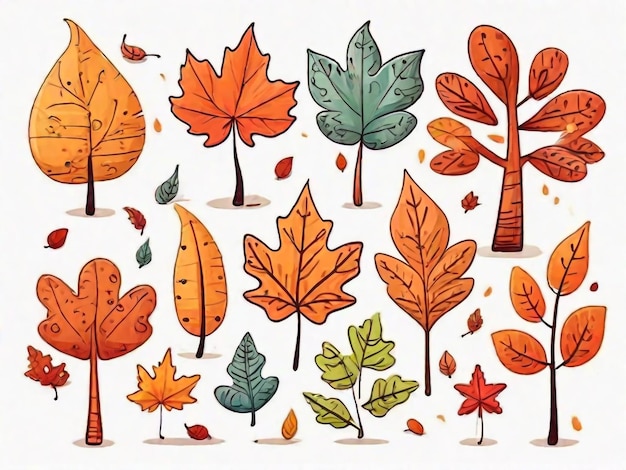 Funny autumn season leaf drawing illustration set Hand drawn tree shapes on isolated background