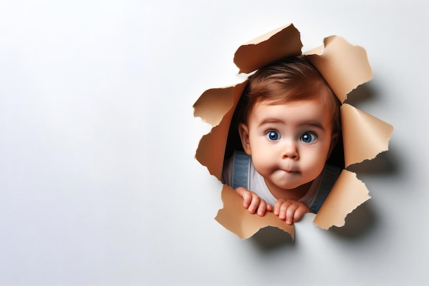 Photo funny baby peeking out of paper wall hole isolated on white background