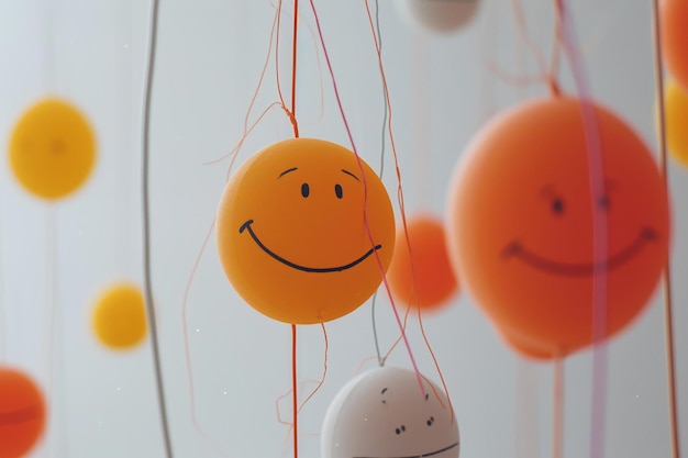 Funny balloons with smiley faces on a white background Concept of positive emotions