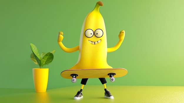 Funny banana cartoon character rides skateboard