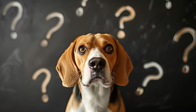 Photo funny beagle dog and question marks on black background