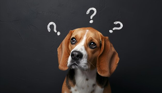 Photo funny beagle dog and question marks on black background