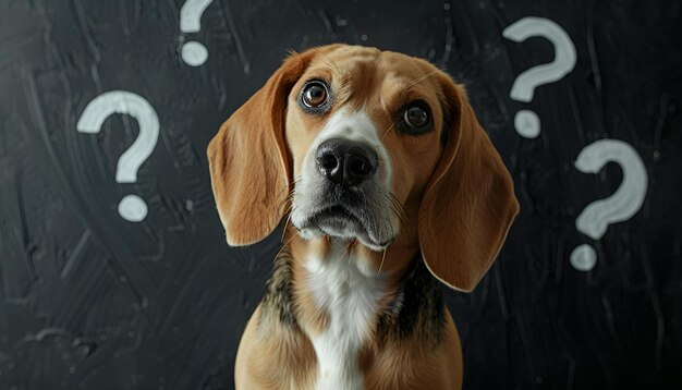 Photo funny beagle dog and question marks on black background