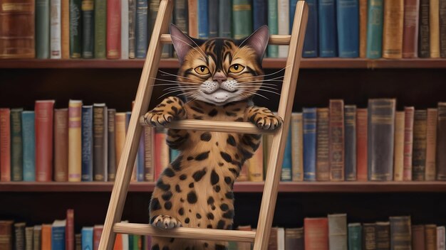 Funny bengal cat stands on the ladder