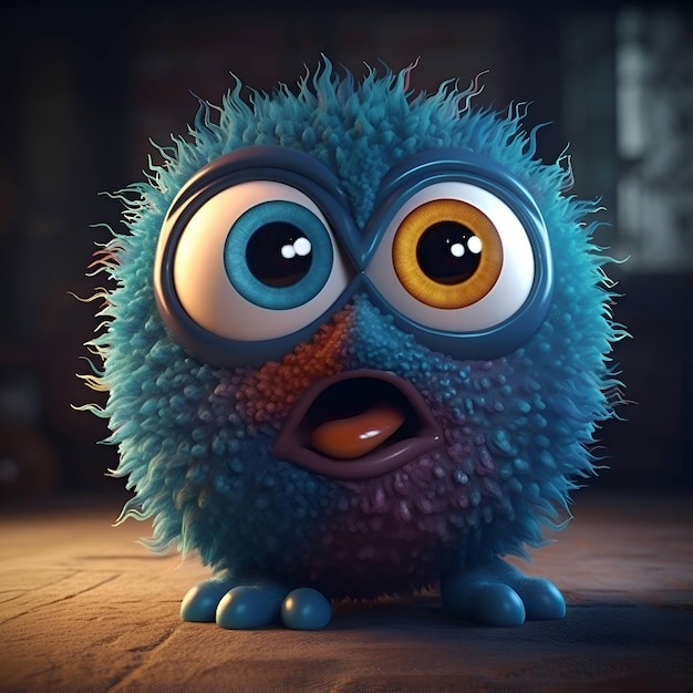 Funny blue monster with big eyes 3d render illustration