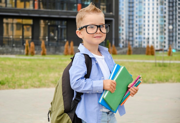 Funny boy in glasses with a briefcase and books looks at the camera education concept