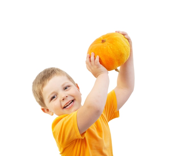 Funny boy with pumpkin isolated on white background