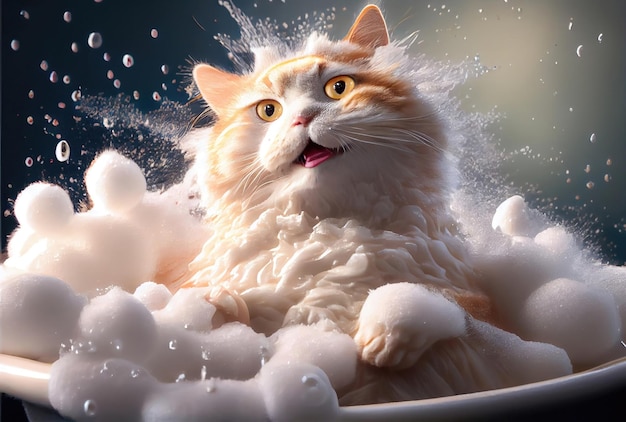 Funny brave cat enjoying bath time made with Generative AI