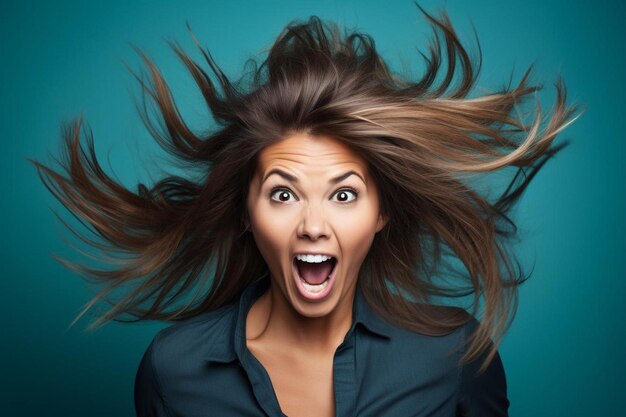 Funny brunette girl portrait on blue background