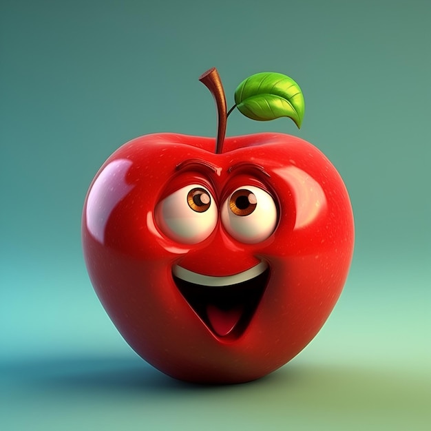 Funny cartoon apple with a big smile isolated on light blue background Cute smiling apple cartoon character emoticon mascot Generative AI