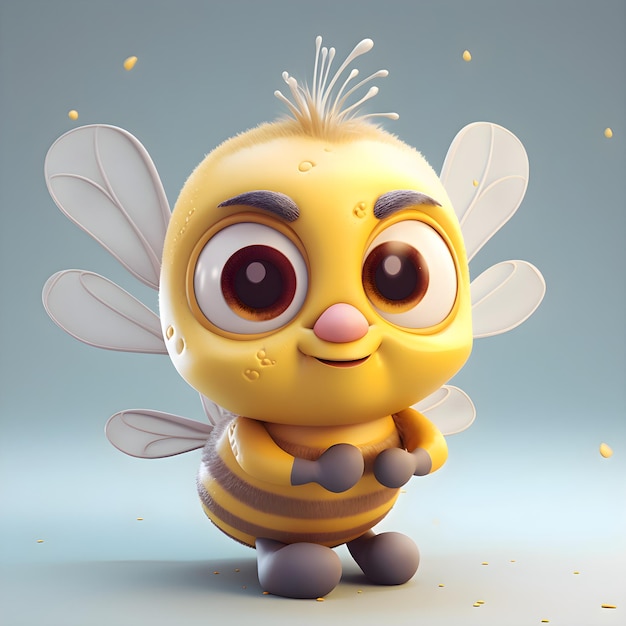 Funny cartoon bee with wings on a gray background 3d rendering