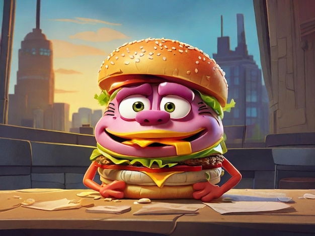 Funny cartoon character of a hamburger sitting at a table in a restaurant with a city view