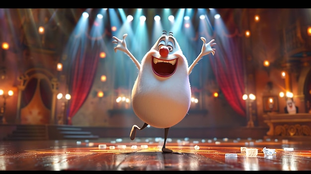 Photo a funny cartoon character is dancing on a stage with lights