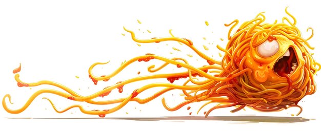 Photo a funny cartoon character made from spaghetti covered in tomato sauce with a large eye