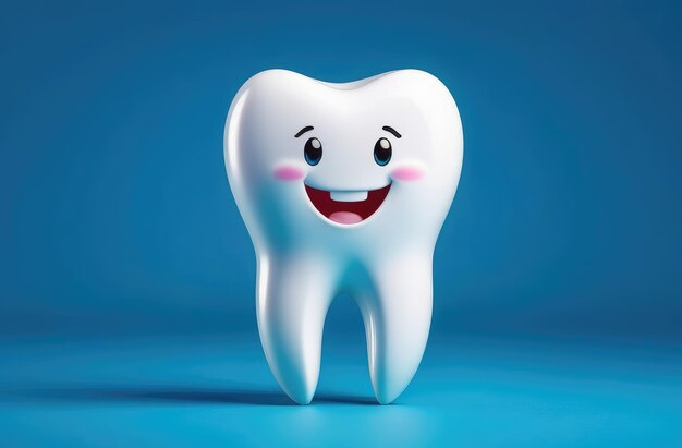 funny cartoon character of white tooth on blue background pediatric dentistry concept stomatology