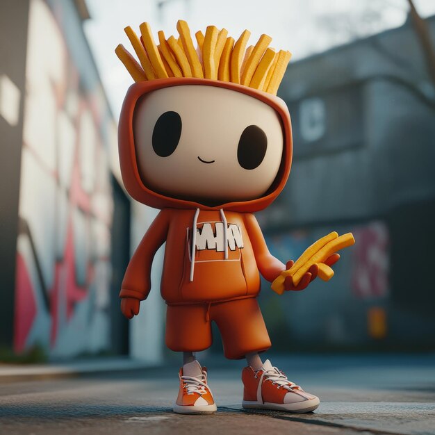 Photo funny cartoon character with french fries in his hand on the street