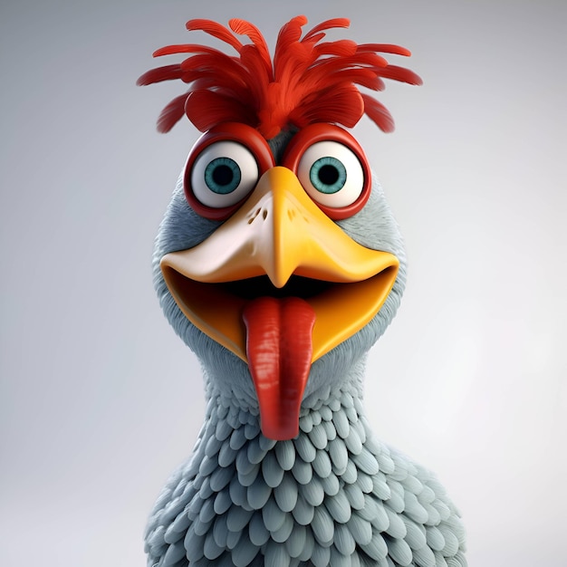 Funny cartoon chicken with red head and blue eyes 3d rendering